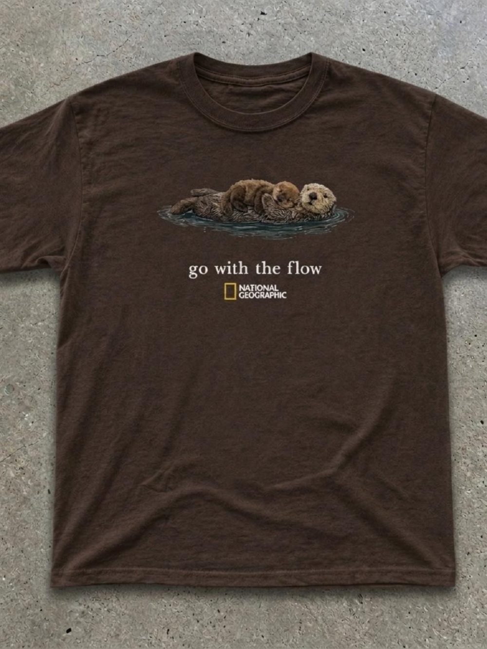 Gildan Reprint Dark Chocolate Tee with Otter Graphic and "Go With The Flow" Text